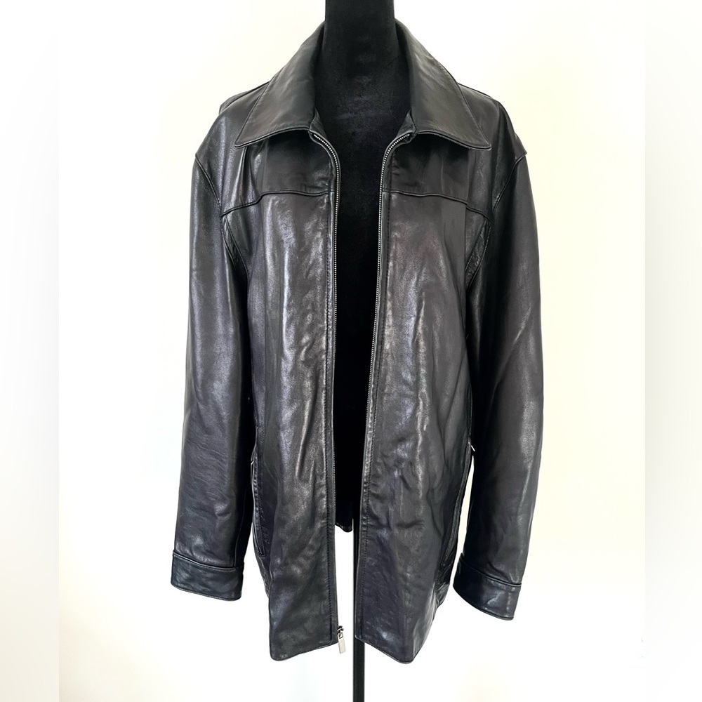 Vintage Alfani Black Leather Jacket Full Front Zipper Unisex Men MED Women LG